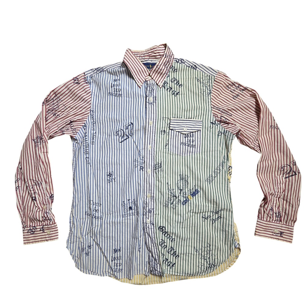 Polo Ralph Lauren Mens Custom Fit Patchwork Stripe Graffiti Button Up Shirt L